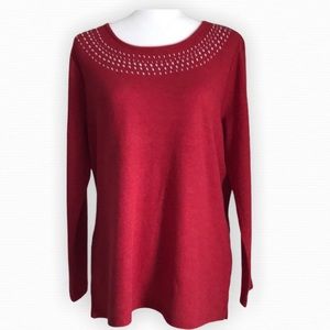 Christopher & Banks Red Thermal Knit Tunic Sweater jeweled round necklin…